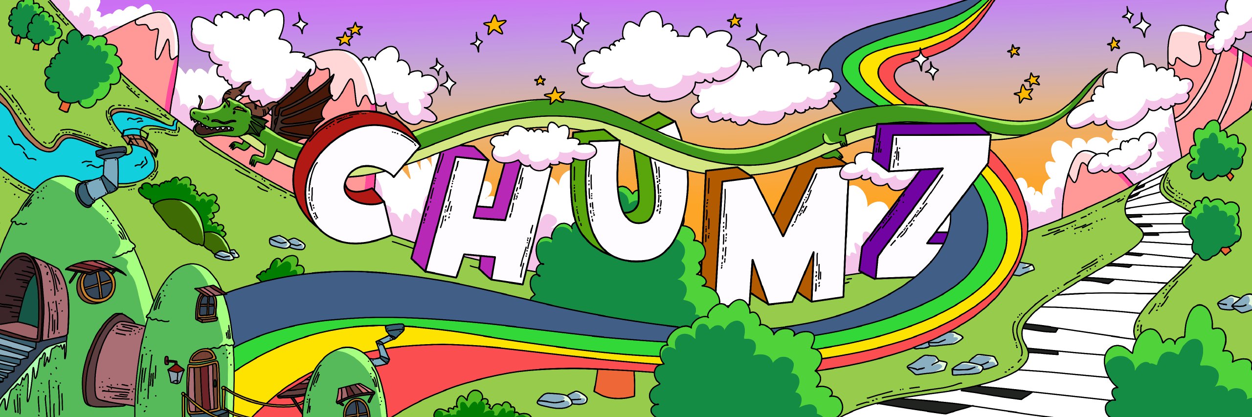 The colorful world of Chumz with rolling hills, clouds and a rainbow